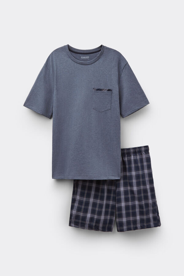 Ruudullinen denim-kangas ja puuvillaiset lyhyet pyjamat Ruudullinen denim-kangas ja puuvillaiset lyhyet pyjamat