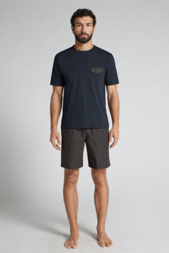 Sininen ja kermanvärinen ruudullinen kangas- ja puuvillainen lyhyt pyjama