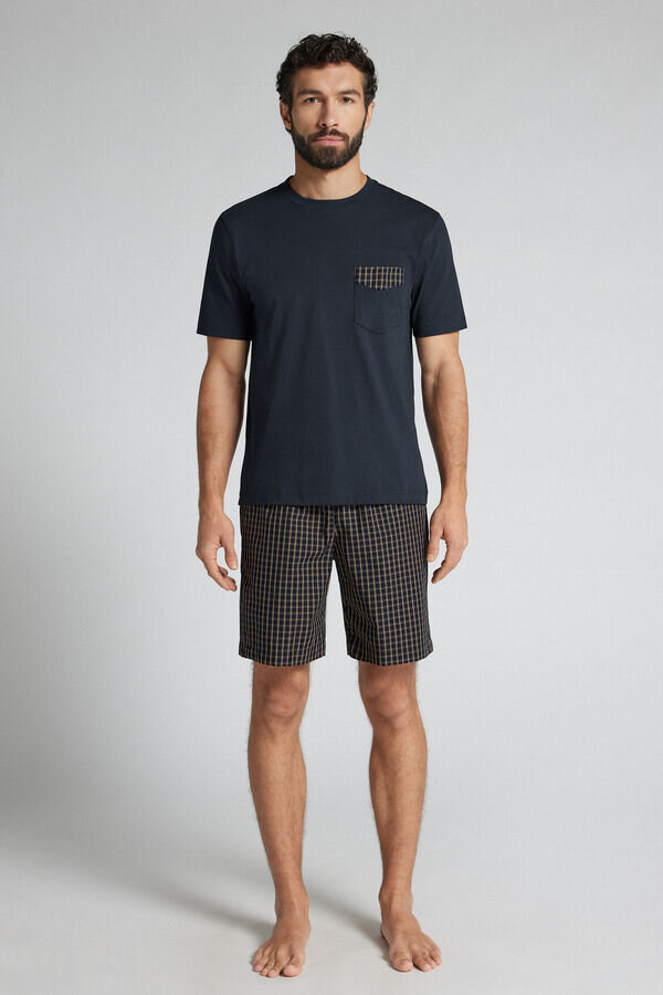 Sininen ja kermanvärinen ruudullinen kangas- ja puuvillainen lyhyt pyjama Sininen ja kermanvärinen ruudullinen kangas- ja puuvillainen lyhyt pyjama