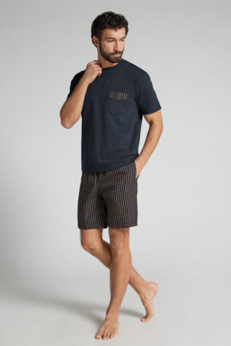 Sininen ja kermanvärinen ruudullinen kangas- ja puuvillainen lyhyt pyjama