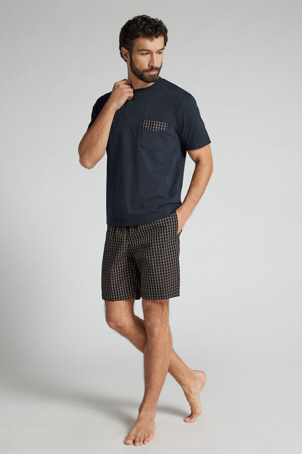Sininen ja kermanvärinen ruudullinen kangas- ja puuvillainen lyhyt pyjama Sininen ja kermanvärinen ruudullinen kangas- ja puuvillainen lyhyt pyjama