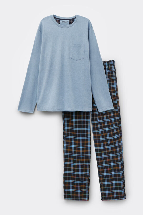 Vaaleansininen puuvilla- ja ruudullinen kangas, täyspitkä pyjama Vaaleansininen puuvilla- ja ruudullinen kangas, täyspitkä pyjama